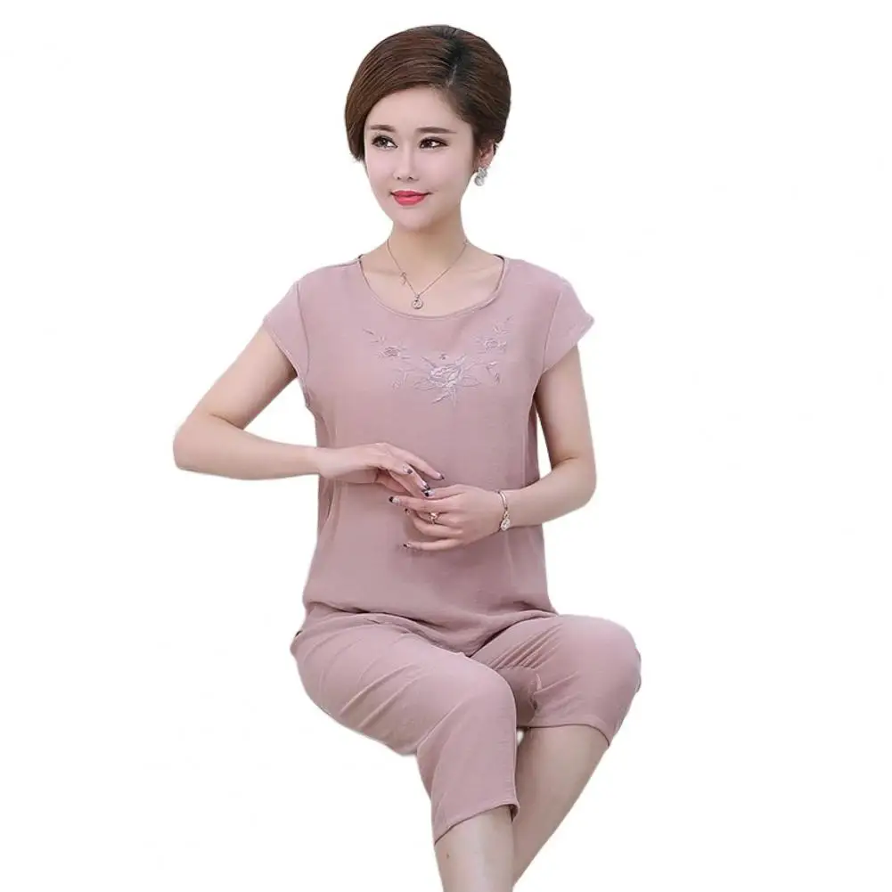 

2Pcs/Set O-Neck Short Sleeve Elastic Waistband Casual Outfit Women Embroidery Top Cropped Pants Set conjuntos de pantalón