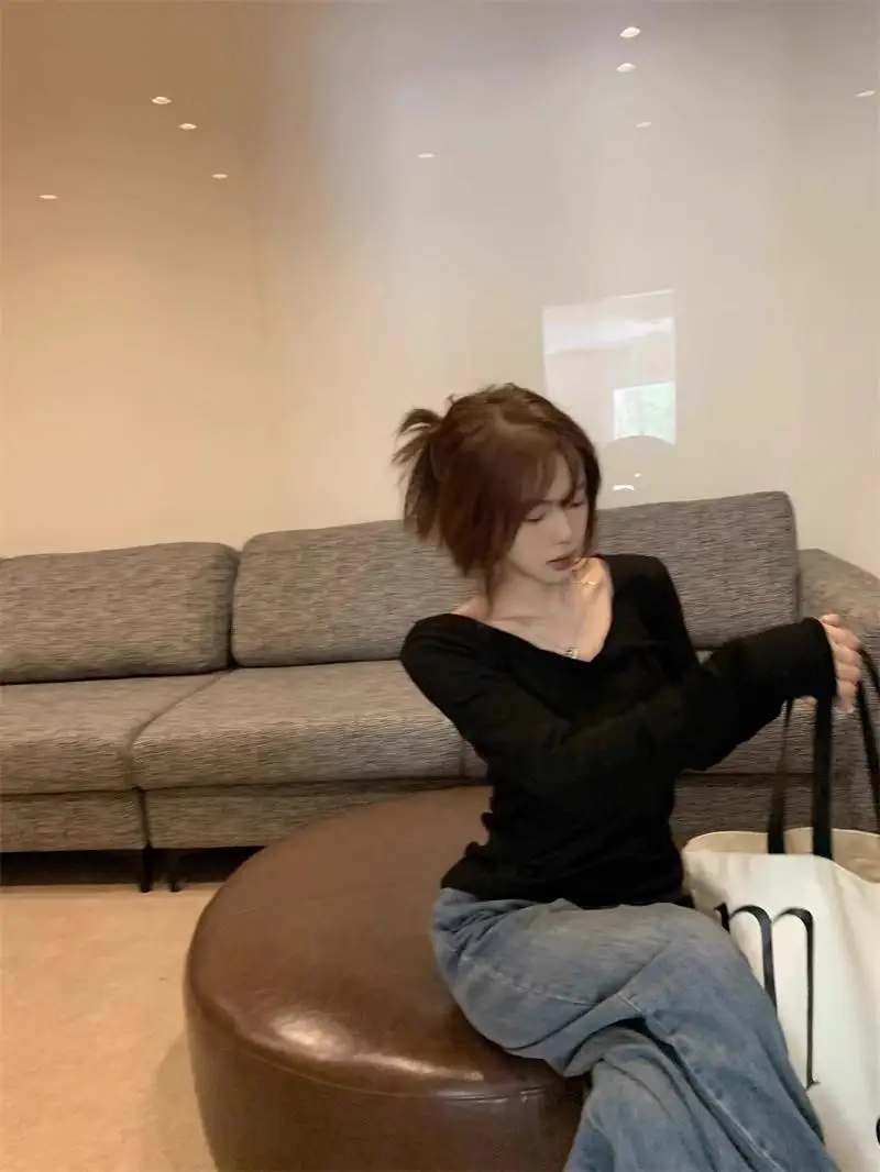 Black Thin Long sleeves Shirt Women Early Autumn Design Sense Unique Chic Simple Slimming Lazy Loose Top