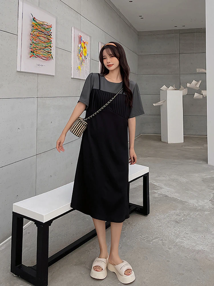 

2023 Summer Korean Fashion Short Sleeve Woman Dress Vestidos Loose Plus Size Fake 2 Pieces Set Suspenders Long Dresses For Women