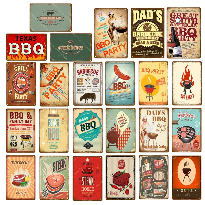 

Texas BBQ Metal Signs Family Day Grill Party Poster Steak House Foods Meat Barbecue Wall Plaque For Pub Kicken Home Decor YJ075