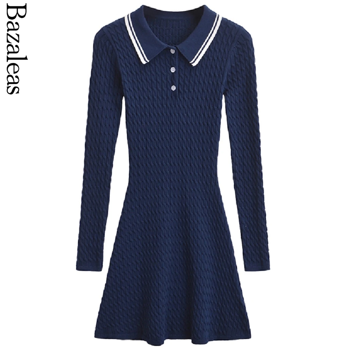 Женское трикотажное платье-свитер с воротником-поло и длинными рукавами