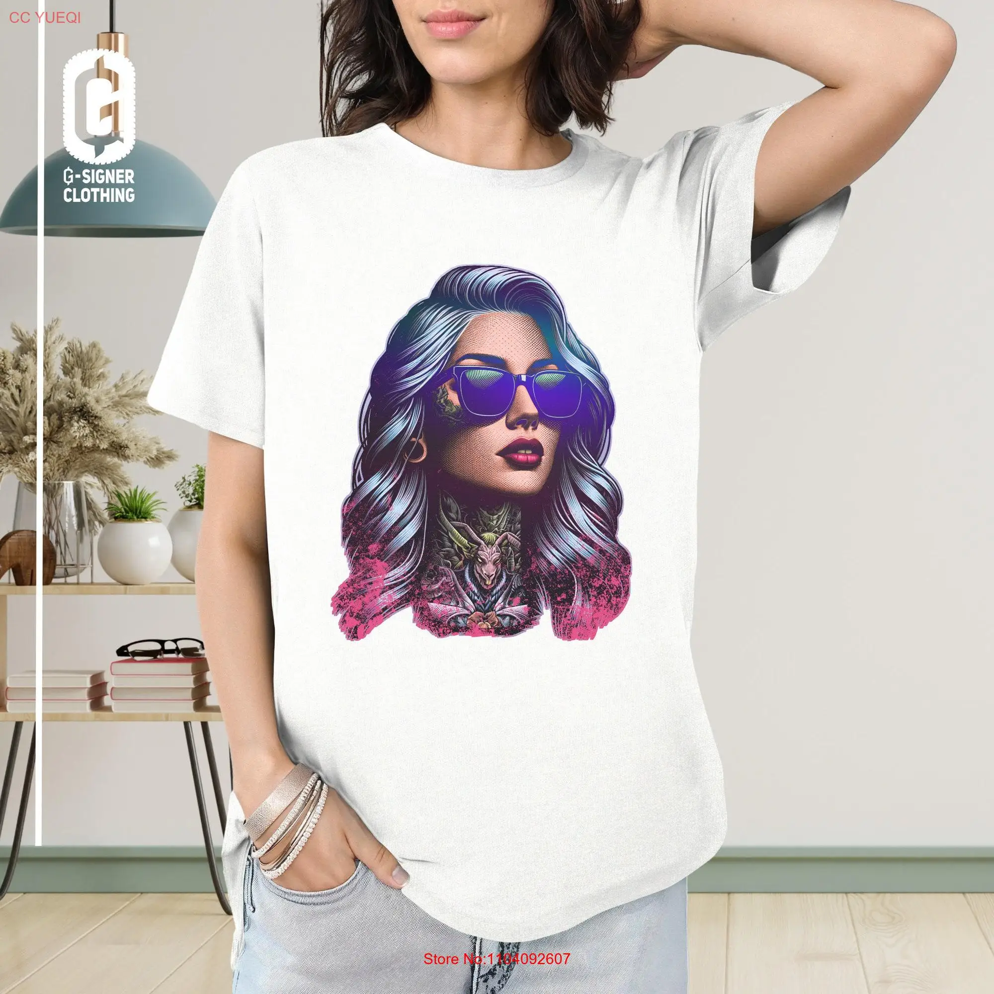 Женская футболка с красочным портретом солнцезащитных очков и татуировками