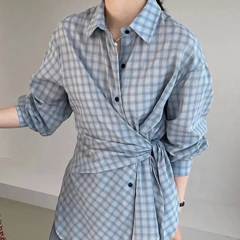 Дизайнерская рубашка в клетку с длинными рукавами стиле ретро затягивающая