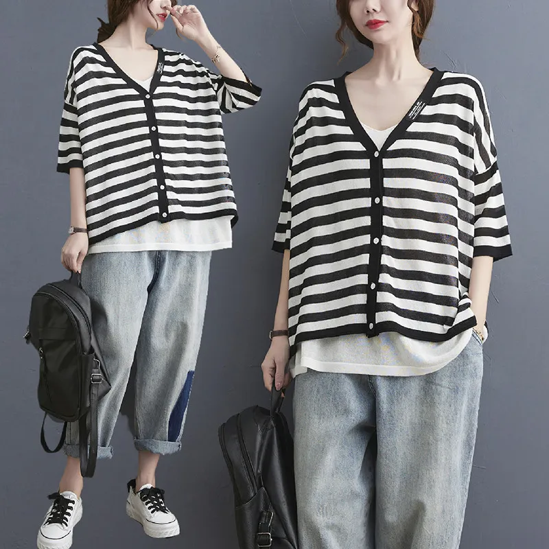 

Fake Two Piece Knitted Top Women's Summer 2022 New Loose V-neck Stripe Half Sleeve Top T-shirt Fashion