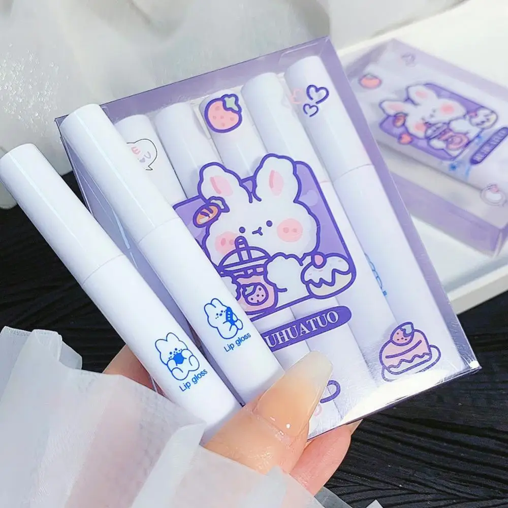 

Cute Rabbit Lip Gloss 6PCS Lipstick Set Moisturizing Liquid Lipstick Velvet Matte Lip Tint Mud Pigments Makeup Cosmetics Gift