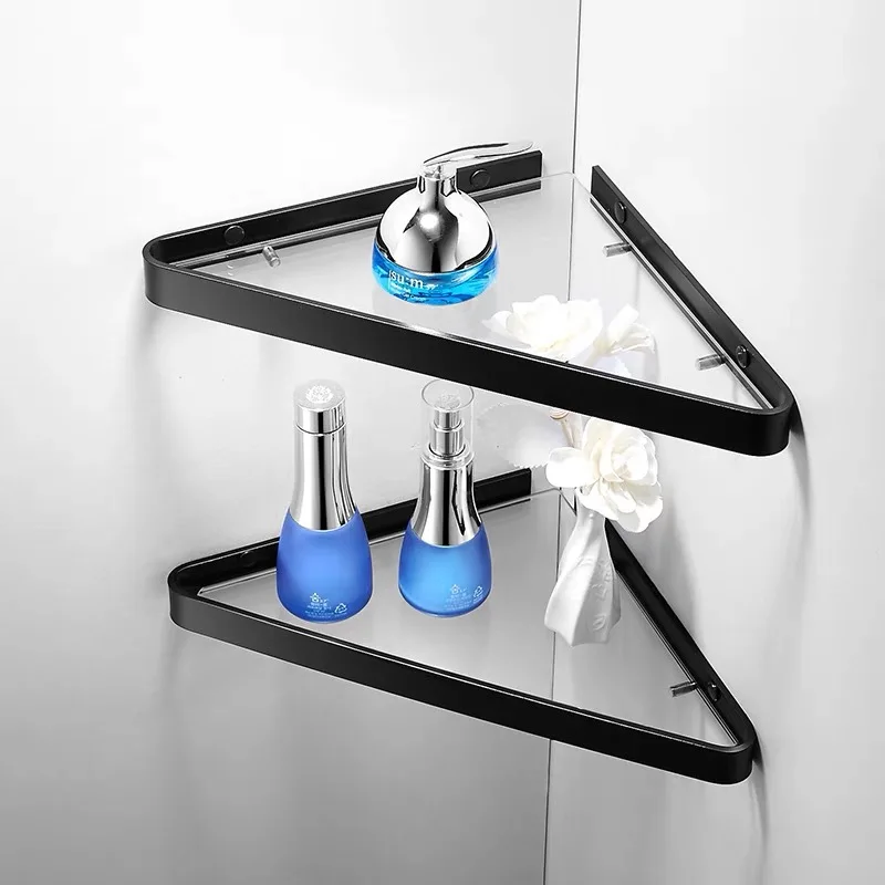 

QDRR Bathroom Shelf Aluminum Shower Shelf Glass Shower Shelf Black Finish Storage Suction Basket Storage Rack Bathroom Accessory