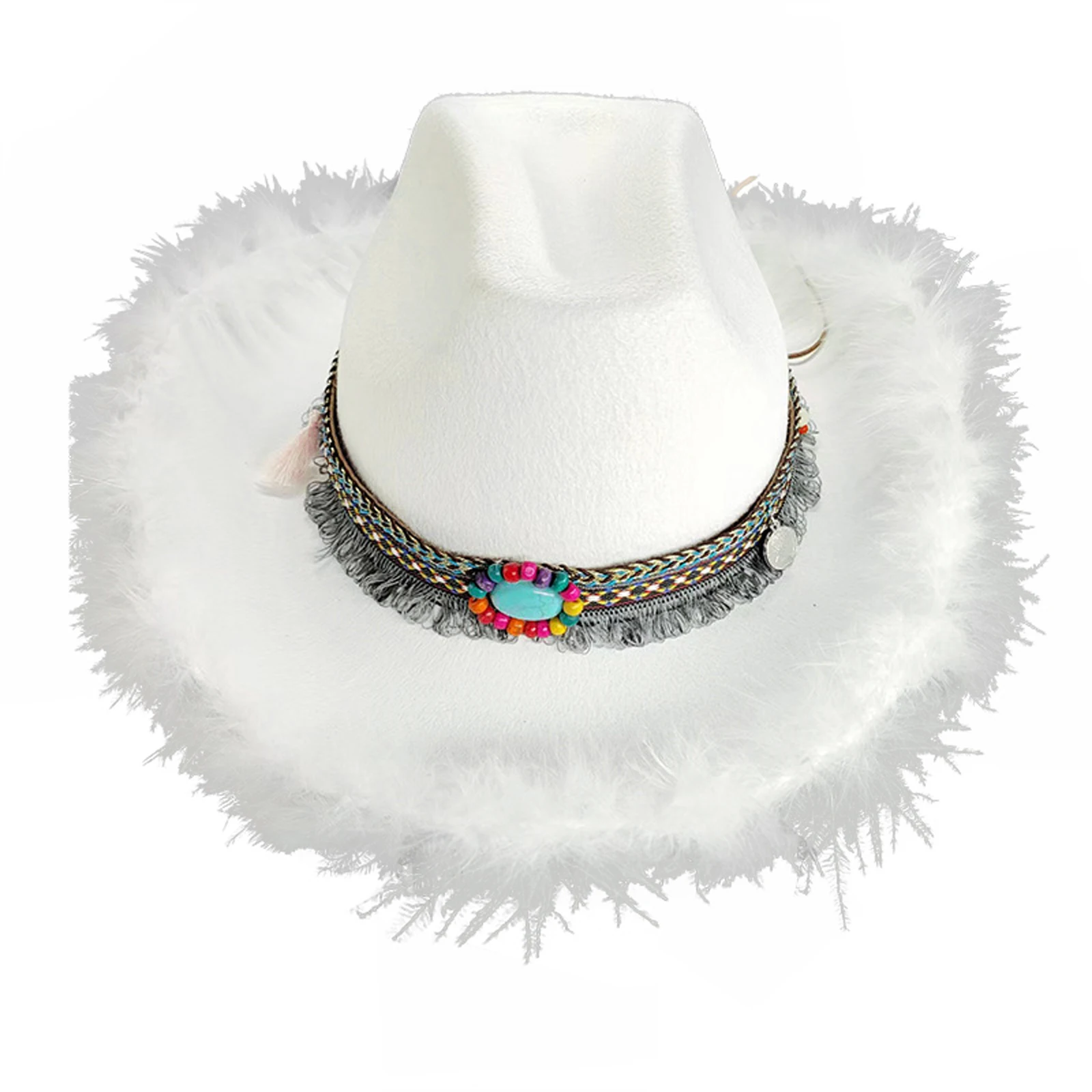 

Vohawsa Women Men Western Cowboy Hat Feather Trim wide brim hats Western Cowgirl Hat for Wedding Carnival Rave Travel Costume