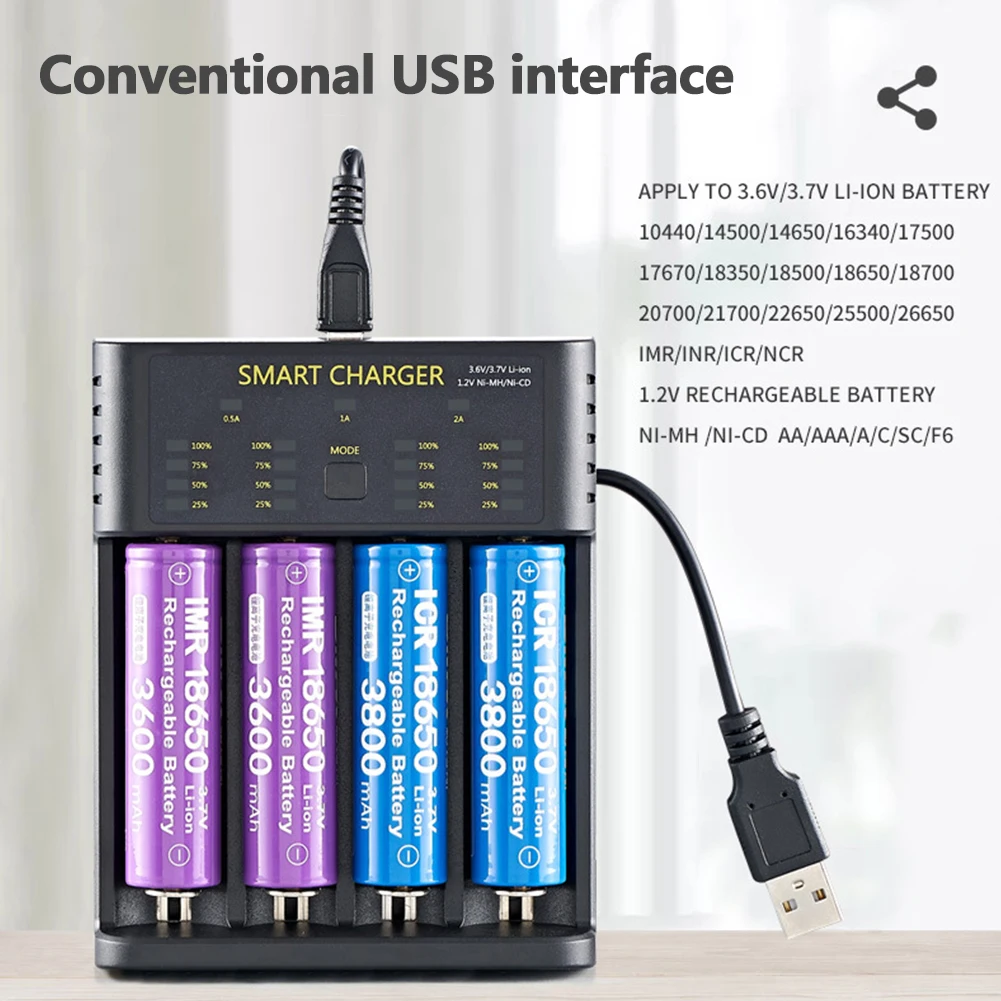

4/8 Slots USB Battery Smart Charger for 3.6V/3.7V Lithium Battery 1.2V Ni-MH/Ni-Cd Rechargeable Battery Adjustable Charg Current