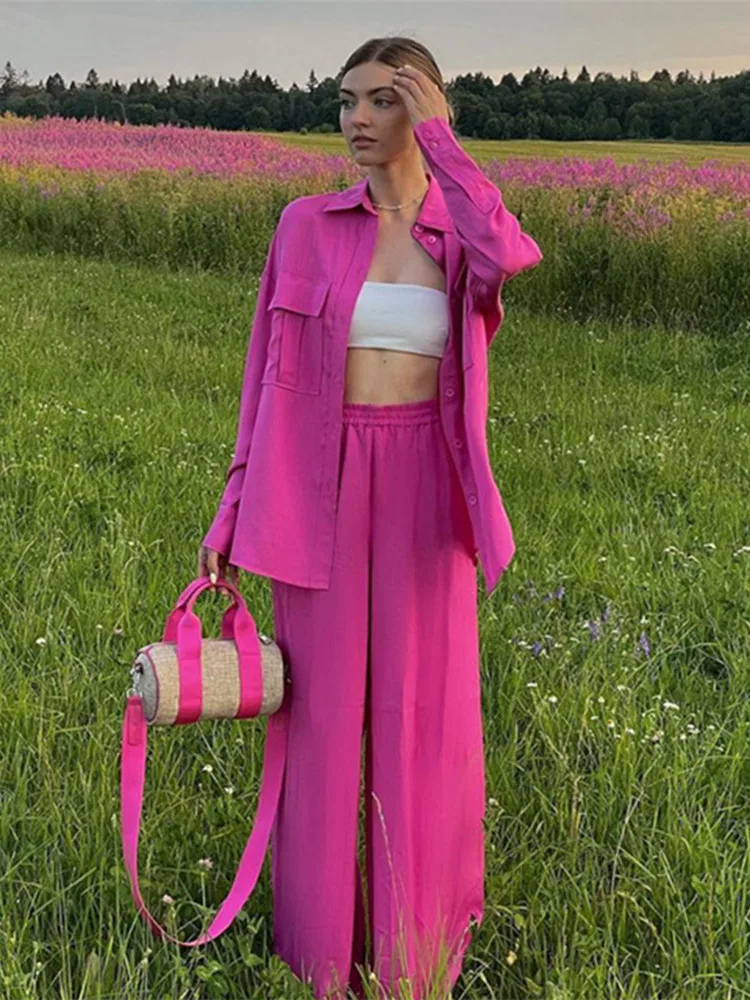 

Женский комплект из двух предметов, летний модный однобортный комплект из рубашки и длинных широких брюк, повседневный свободный праздничн...