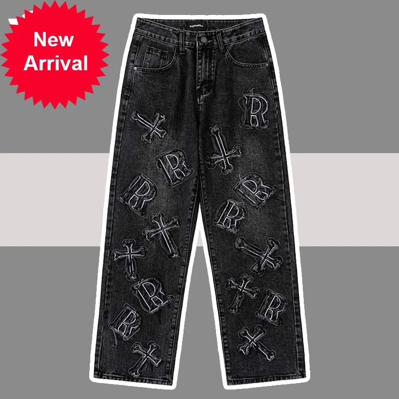 

Denim Cross Pants Patch Men High Street Casual Retro Fray Jeans Streetwear Loose Straight Pants Casual Gothic Trousers Male NEW