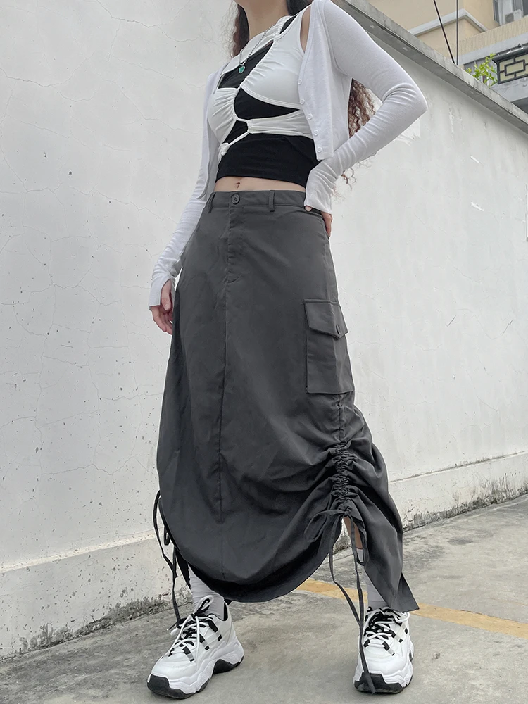 

Grey Pockets Midi Skirts Grunge y2k Ruched Drawstring Split Long Skirts Women Low Waisted Korean Prepply Skirts Retro