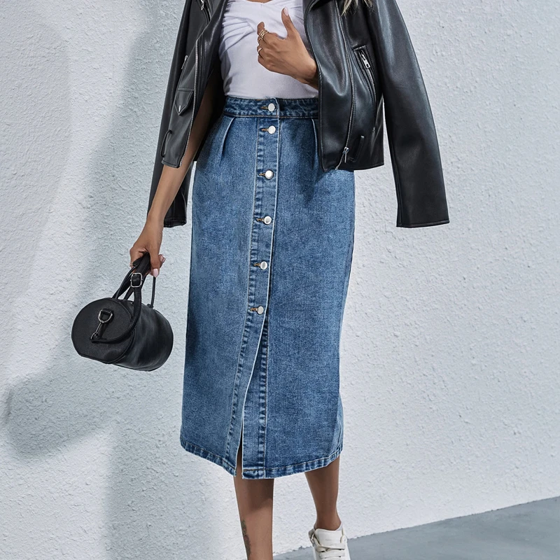 

Элегантная однотонная джинсовая юбка с карманами, модная яркая синяя юбка трапециевидной формы с высокой талией, модель 24358 года