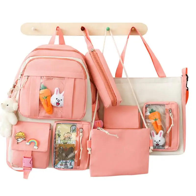 

Kawaii Backpack For School 4 Pcs Canvas School Backpack Combo Set Large Capacity Schoolbag With Kawaii Pin And Accessories