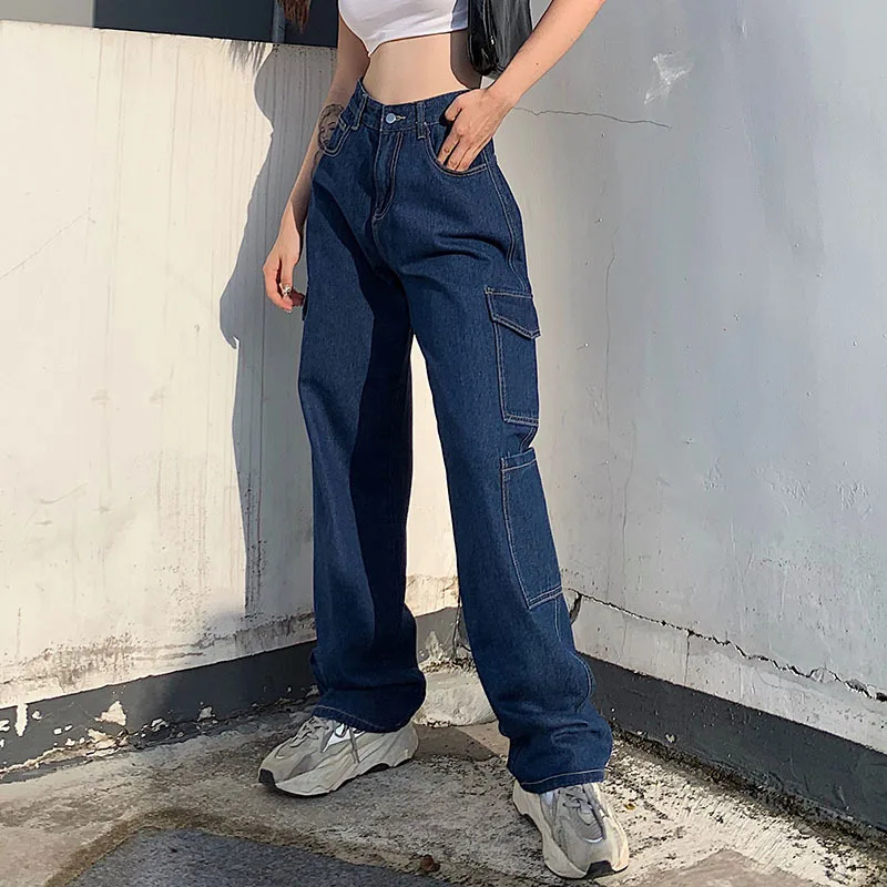 Women's Casual Stylish High Waist Straight Wide Leg Jeans Solid Color Loose Denim Pants With Big Pockets For Shopping Daily Wear
