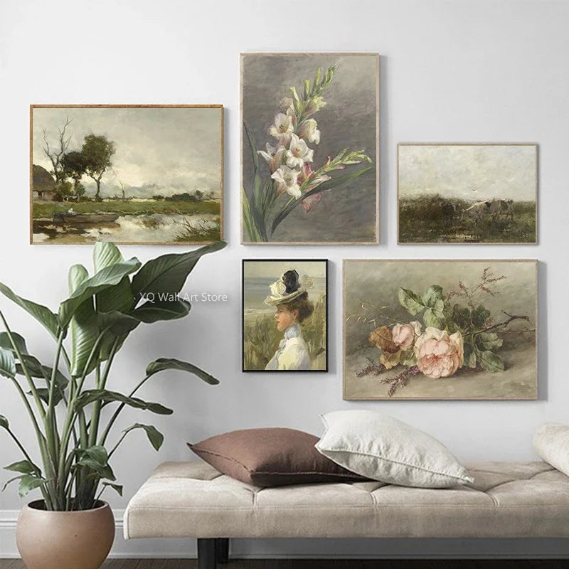 

Vintage Country Landscape Flower Woman Oil Painting On Canvas Posters Neutral Farmhouse Wall Art Prints HD Pictures Home Decor