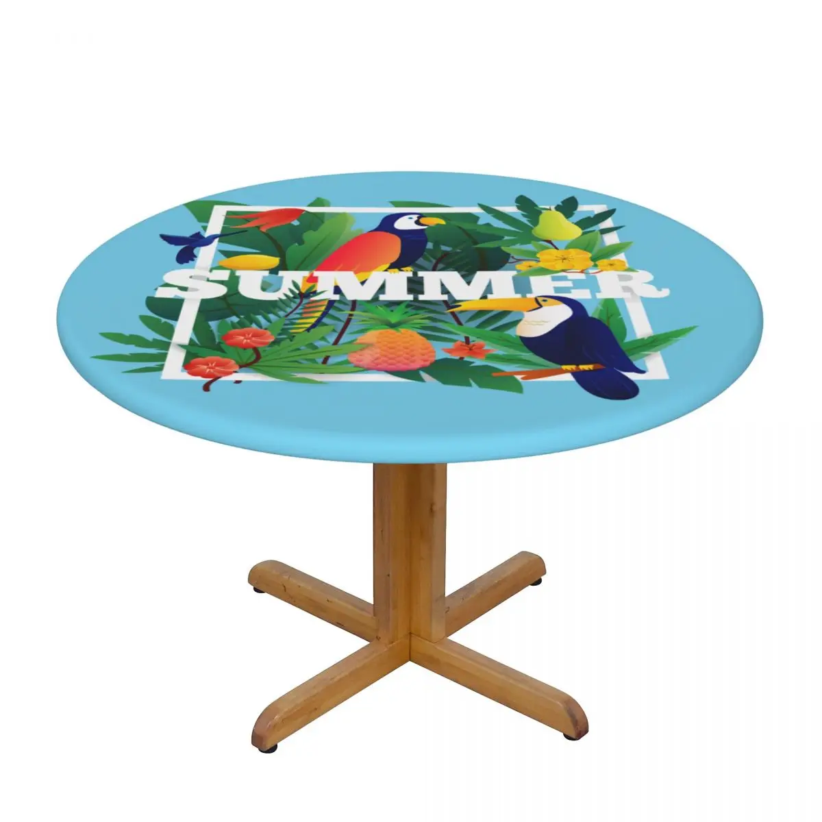 

Round Table Cover Cloth Protector Polyester Tablecloth Summer Tropical Plants Fruits Fitted Table Cover with Elastic Edged