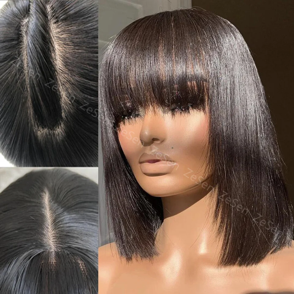 

Short Bob Slik Straight 4x4 Silk Top Synthetic Lace Front Wigs Straight Wig for Black Women Heat Resistant Heat Safe With Bang