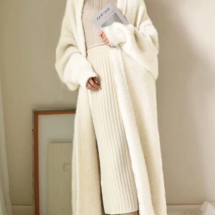 

2021 Winter Casual Korean New Open Stitch Sweater Fashion Ladies Loose Long Faux Mink Fur Cardigans Warmth Plus Sweaters Cloths