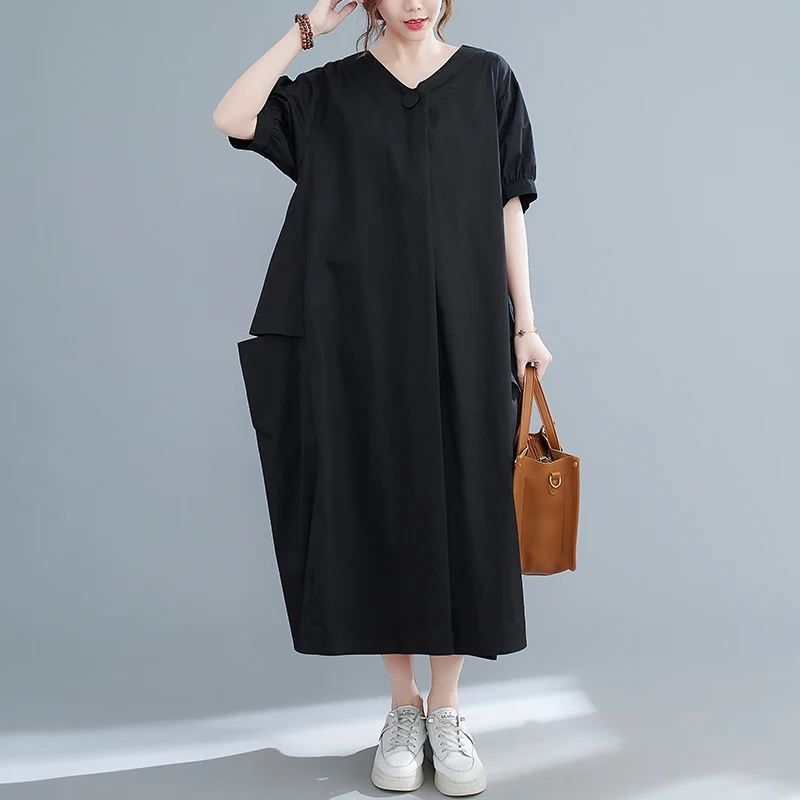 

SuperAen 2022 Oversized Solid Loose Big Swing Short Sleeve V-Neck A-LINE Casual Dresses for Women