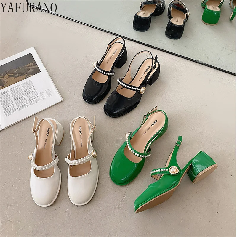 

Faux Pearl Decor Chunky Heeled Ankle Buckle Women Sandals 2022 New Retro Temperament Slingback Pumps Party Dress High Heels
