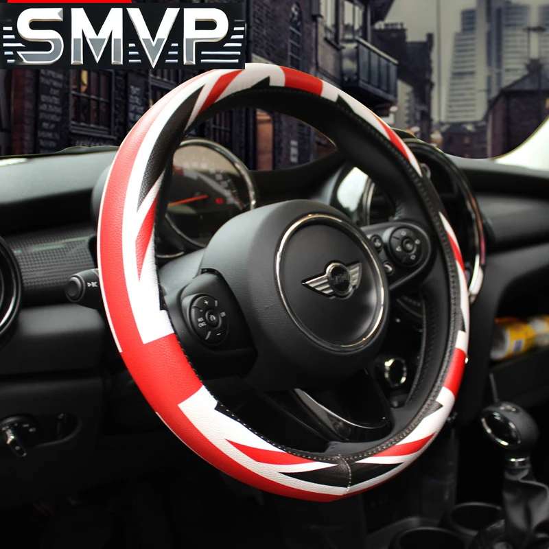Фото Подходит для автомобильного чехла на руль Portector Leather Union Jack Decor для Mini Cooper One S JCW R55 R56 F60 Countryman Clubman Acc №1