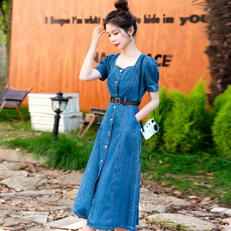 

2022 summer Denim Dresses For Women Korean Fashion Vintage Dress Elegant Casual Denim Dress Vestidos