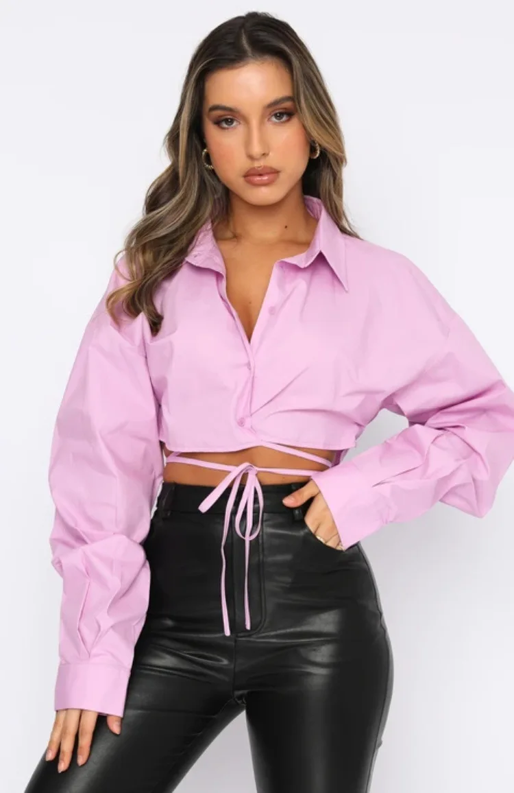 

Sexy Summer Fashion Woman Blouse 2022 Lace Up Backless Crop Top Long Sleeve Elegant V-Neck Shirt Women
