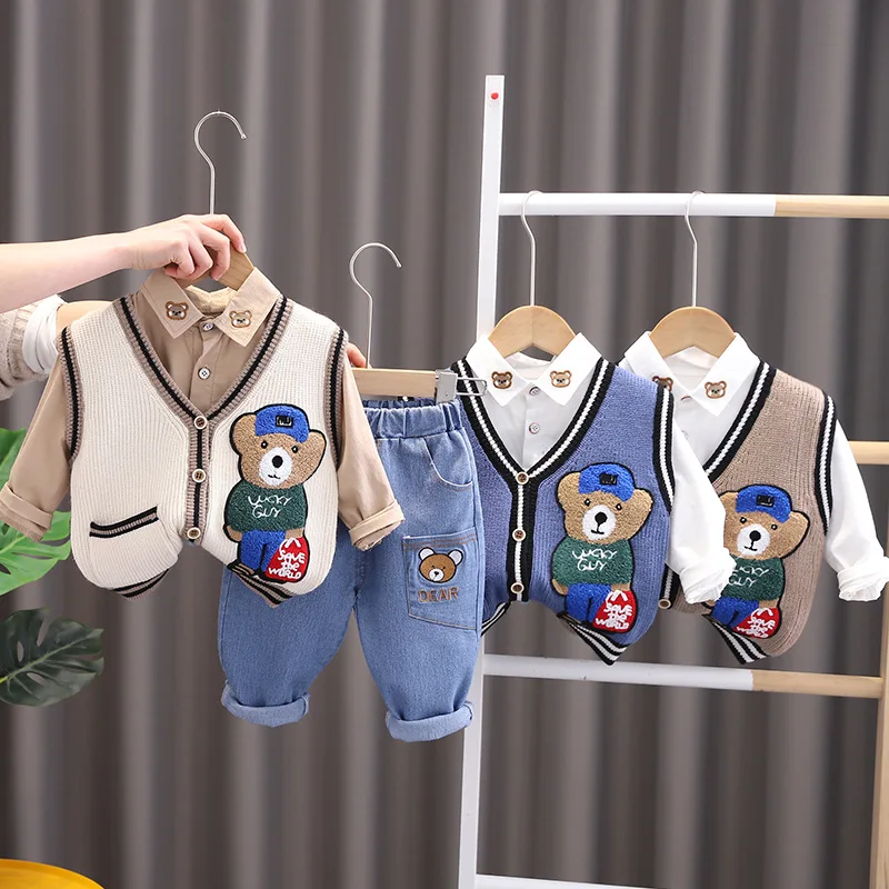 

Хлопковая детская одежда, корейский Костюм, Весенняя рубашка для мальчиков, наряд, свитер, штаны для младенцев, джинсовый комплект с мультяш...