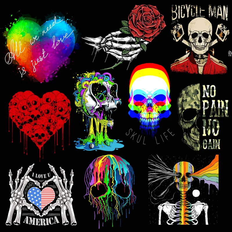 

Colorful Skull Patch Heat Thermal Transfer For Clothing Punk Skeleton Stickers Iron-on Transfers For Clothes Washable T-shirt