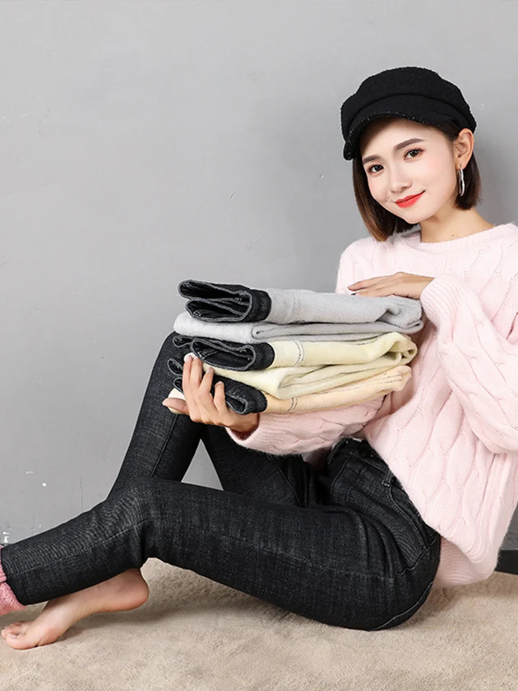 

Хит продаж 2023 джинсы зимние джинсы с высокой талией женские плотные теплые Стрейчевые узкие брюки-карандаш женские Простые повседневные черные брюки