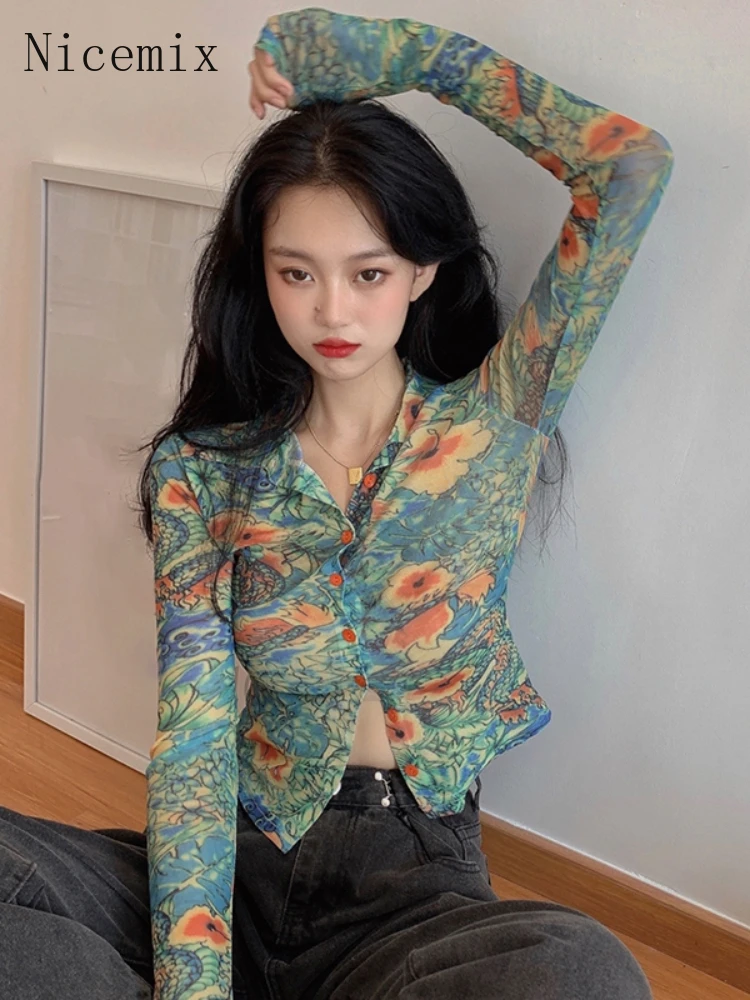 

Nicemix Y2k Babes Wear Printed Shirts Women Single Breasted Spring Retro Design Niche Chic Short Tops Blouse Ladies Womans Tops