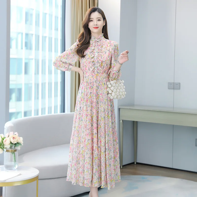 

Floral Chiffon Dress Female Spring Fairy Tie Long-sleeved Belly Cover Thin Temperament Gentle Wind Beach Skirt