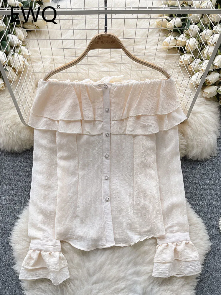 

EWQ Sweet Style Women Cardigan Blouse Slash Neck Long-sleeve Ruffles Single-breasted Solid Color Shirts Autumn 2023 New 27SN3654