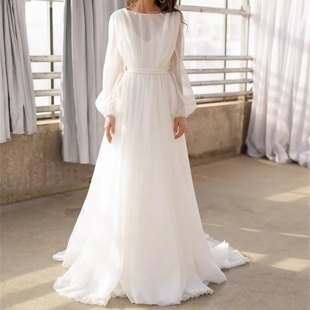 

Boho Wedding Gown Long Sleeves Bohemian Beach Wedding Dress Organza Bridal Gown Sweep Train Backless Princess Party Dress