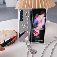 3d love heart full view makeup mirror shockproof phone case for samsung galaxy z fold 3 5g metal long thin bead chain cover
