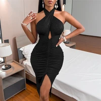 2022 women sexy glitter sequins sleeveless bodycon midi dress elegant cross neck ruched hollow out backless evening party dress