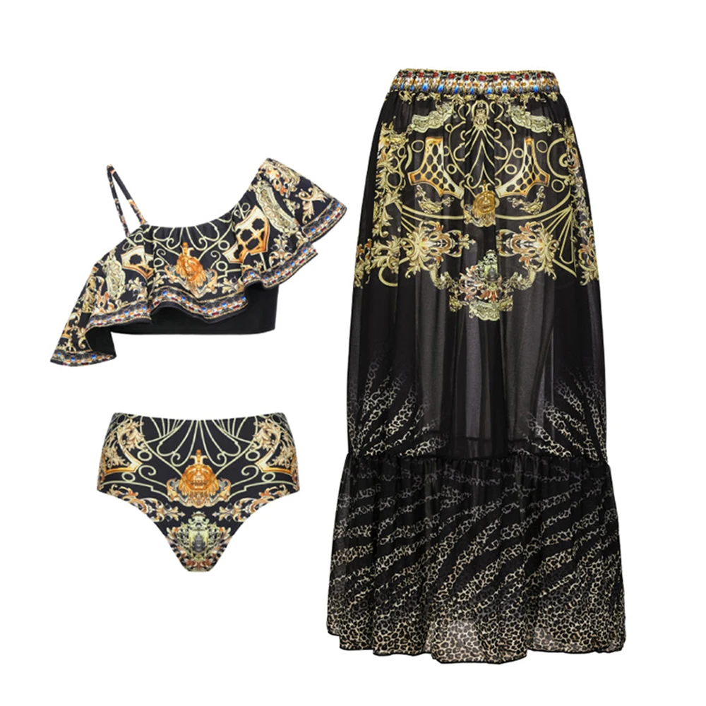 

Fashion Vintage Print Swimsuit Woman 2023 Black Swimwear with Skirt Summer Beachwear 2023 Sand Beach Bathing Suit Chic Bikini