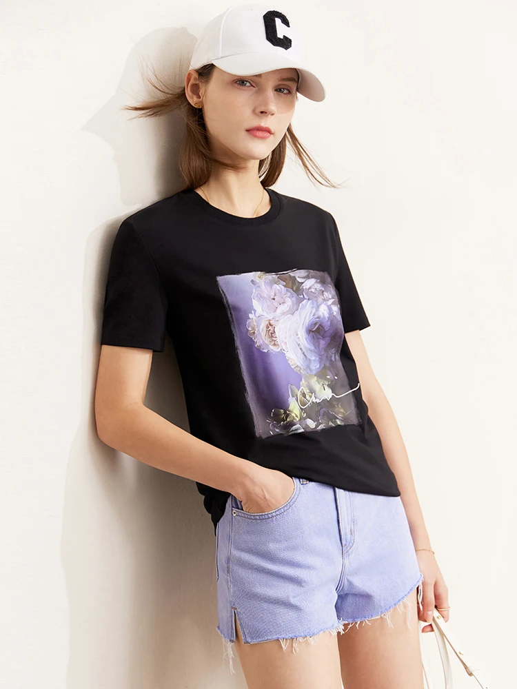 

Amii Minimalism T-shirts for Women 2022 Summer New Loose O-neck 100% Cotton Tops Flower Embroidery Design Women Clothes 12260013