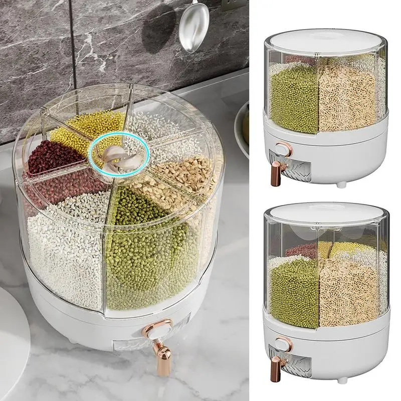 

360 Degree Rotating Transparent Dry Food Dispenser For Countertops Lid Removable Food Dispenser With 6 Compartments Holder