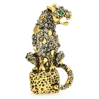 wulibaby vintage leopard brooches for women men rhinestone sitting on the stone animal party casual brooch pins gifts