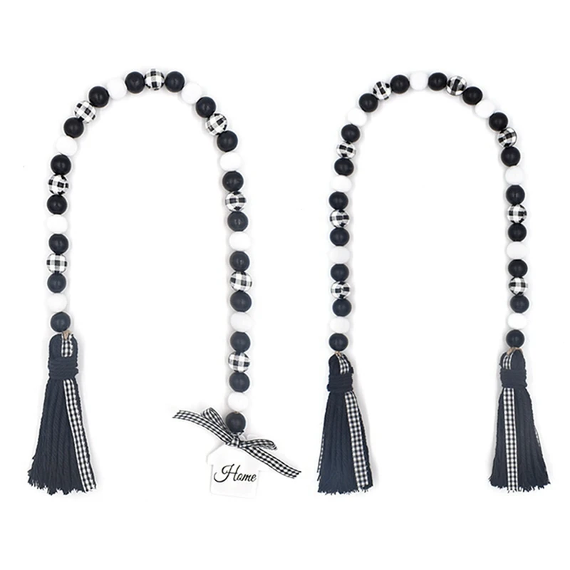 

2 упаковки черно-белых клетчатых деревенских деревянных бусин, гирлянда с кисточками и деревянной вывеской для деревенских многоярусных по...