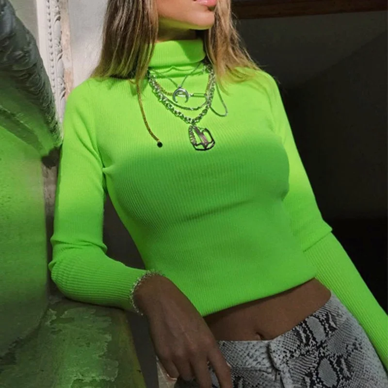 Women Knitted Ribbed Clothes Neon Green Turtleneck Sweaters Shirts Long Sleeve Top Slim Fit Winter Autumn Shirt Pullover M0243