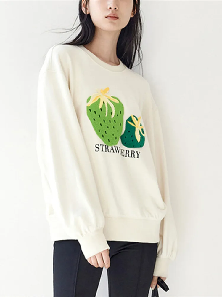 

Женский свитшот с вышивкой клубники, новинка весны 2022, свободный хлопковый Повседневный Однотонный женский пуловер с длинным рукавом и кру...