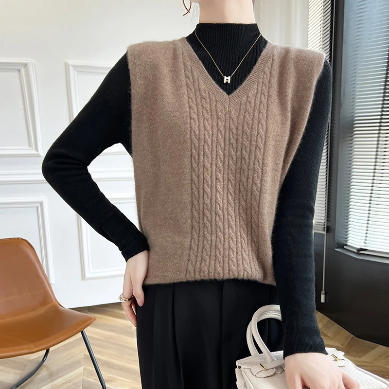 Женский шерстяной вязаный жилет однотонный Свободный с V-образным вырезом