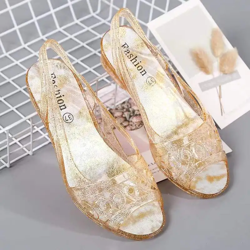 

Women's Summer Casual Sandals Open Toe Hollow Out Soft Soled Non Slip Cover Foot Casual Crystal Sandals Slop Heel Jelly Shoes