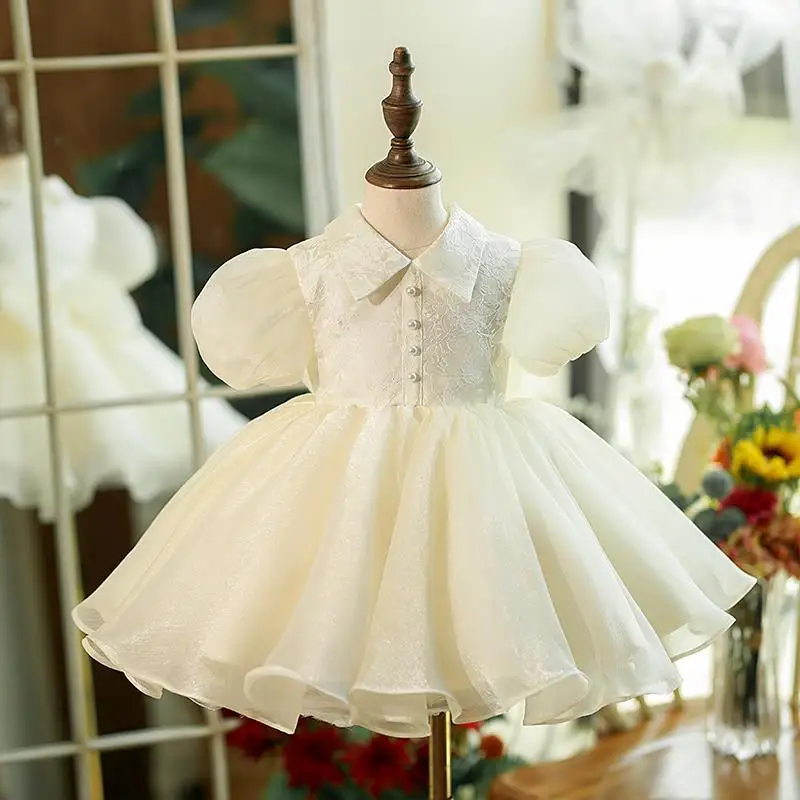 

Платье принцессы на день рождения для 1 года, для маленьких девочек, на свадьбу, с цветами, детское высококачественное Белое Бальное Платье, детское элегантное платье для подиума, конкурса