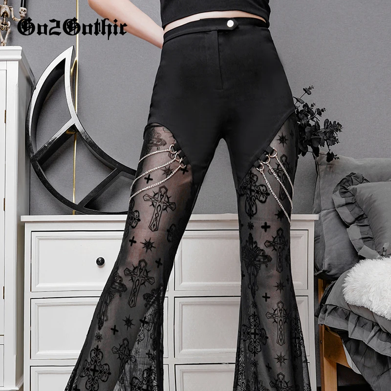 

Goth Flocking Flared Pants Sexy See Through Trousers Patchwork Hollow Out High Waist Pants Woman Summer Black Lace Mesh Pants