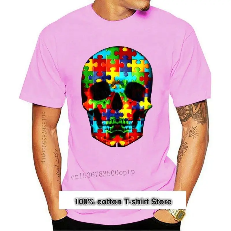 

Camiseta informal para hombres, Camisa de algodón con estampado de calavera y autismo, color negro, S-6Xl