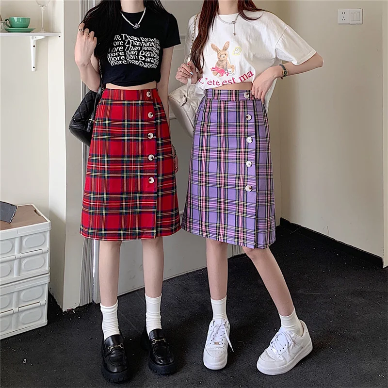 

JMPRS Harajuku Plaid Pencil Skirt Women Summer High Waist Split Button Skirts Student Korean Streetwear Vintage Y2K Faldas Mujer