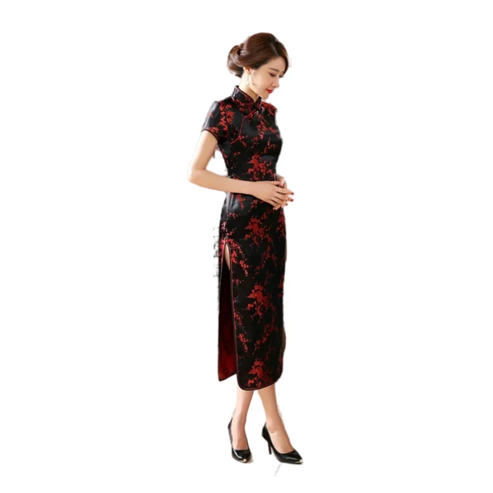 

Black red Satin Qipao Summer Lady Traditional Chinese style Cheongsam Dresses Women Short Sleeve Long Qipao dress Size S-XXL